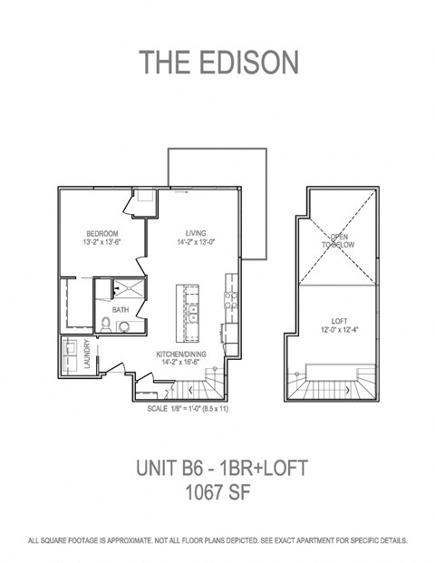 Floor plan for 1 bed, 1 bath, 1067 sqft